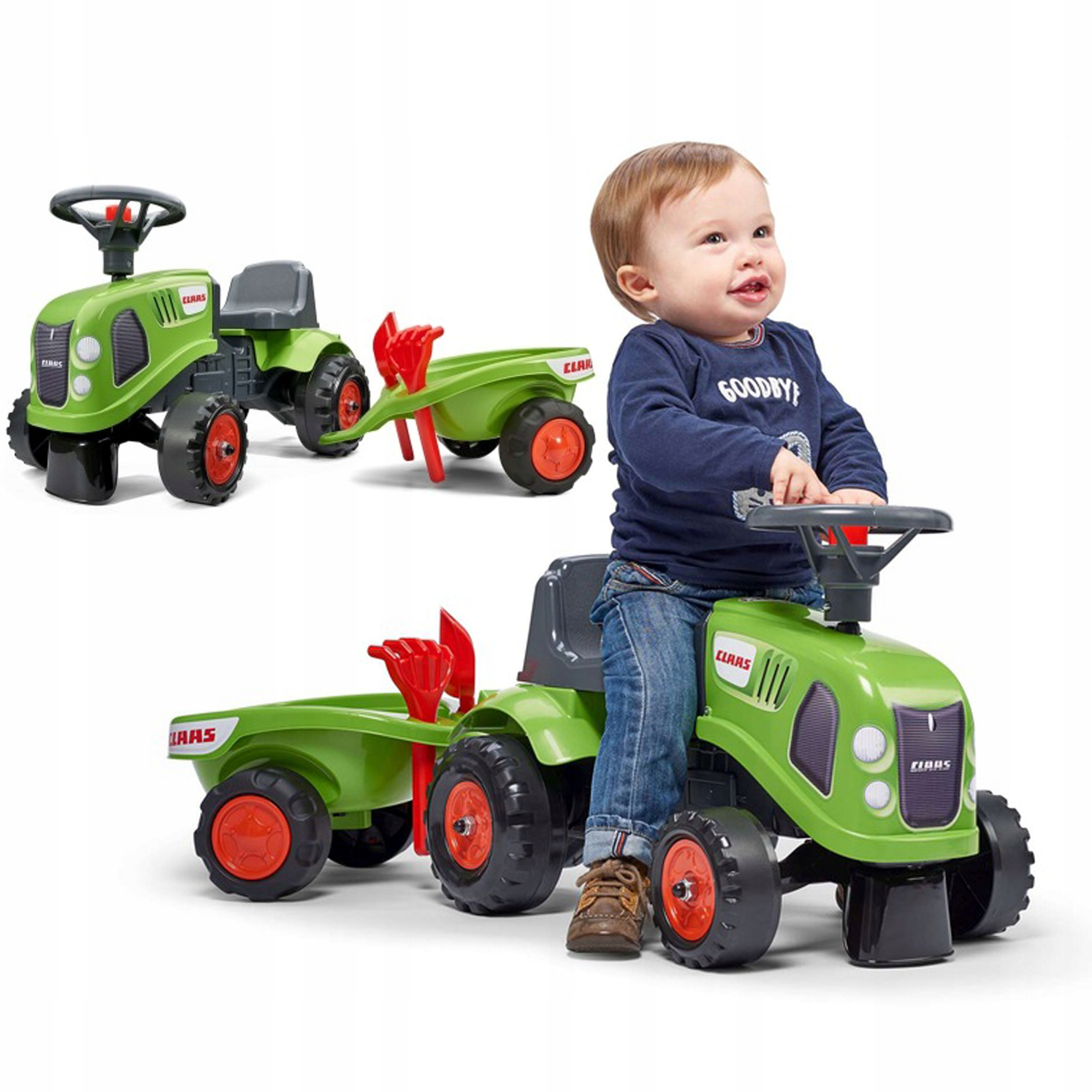 Tractor-corepasillos Claas con remolque y accesorios
